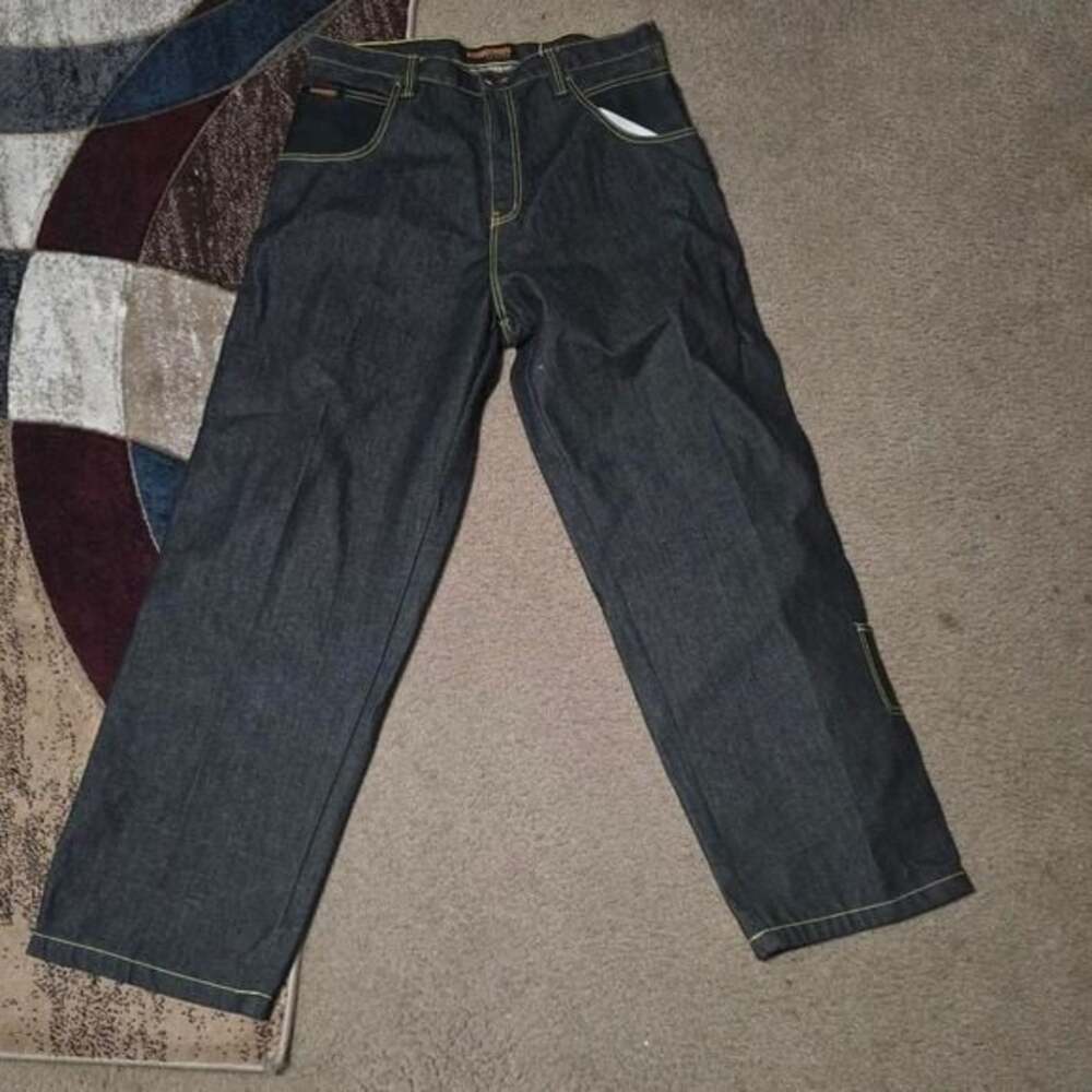 Brooklyn Xpress Wide Leg Raw Denim Skater Y2K Leather like Accents Mens SZ 38x34